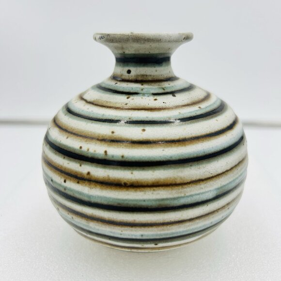 Otagiri OMC Japan Miniature 4" Bud Vase Blue Brown Striped Gold Sticker Vintage - Picture 5 of 6